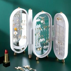 Women’s Jewelry Box Organizer, Mirror, Foldable, Display Stand Dust Proof